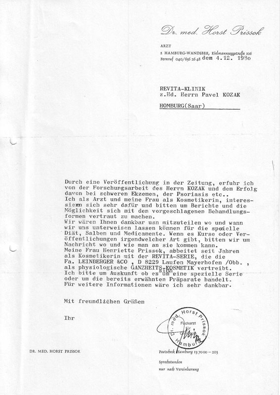Scrisoare de la Dr. med. Horst Prissok, 4 decembrie 1980