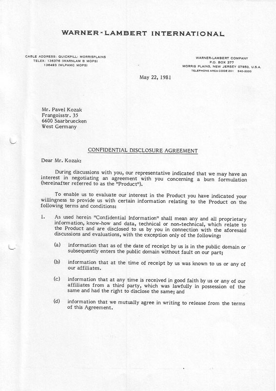 Acord de confidențialitate Warner-Lambert, 22 mai 1981, pagina 1